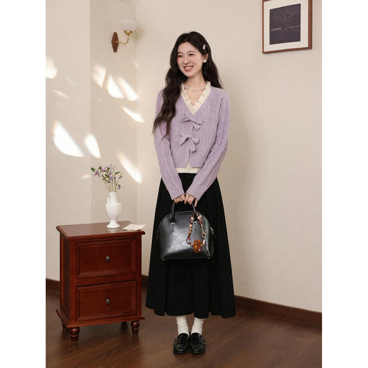 鹿向南「柔紫绞花」假两件紫色蝴蝶结毛衣女秋冬新款法式慵懒上衣 商品图1