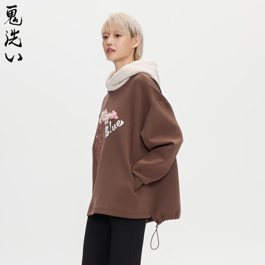 ONIARAI/鬼洗25秋冬泥棒蓝女款猫咪仿羊羔绒拼帽套头卫衣 N240159 商品图2