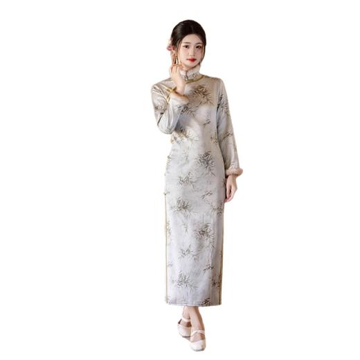 复古中国风提花缎印花长款旗袍2025秋冬新款老上海中式年轻款旗袍3125220 商品图4