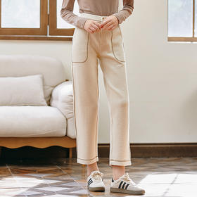 Famecoco范可儿直筒松紧腰保暖休闲裤小众撞色秋冬显瘦九分裤F225GA019