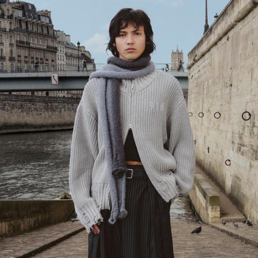 GOODBAI 916 logo贴布小高领做旧破坏拉链针织外套 商品图0