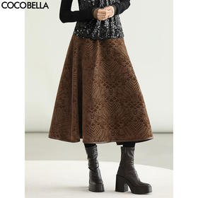 COCOBELLA新中式植绒提花半身裙女秋冬国风祥云纹长裙HS3089