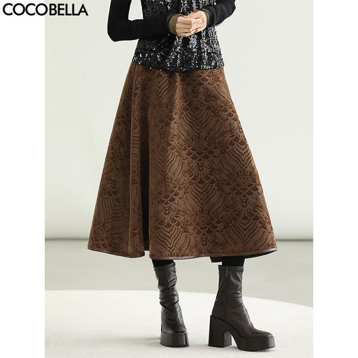 COCOBELLA新中式植绒提花半身裙女秋冬国风祥云纹长裙HS3089 商品图0