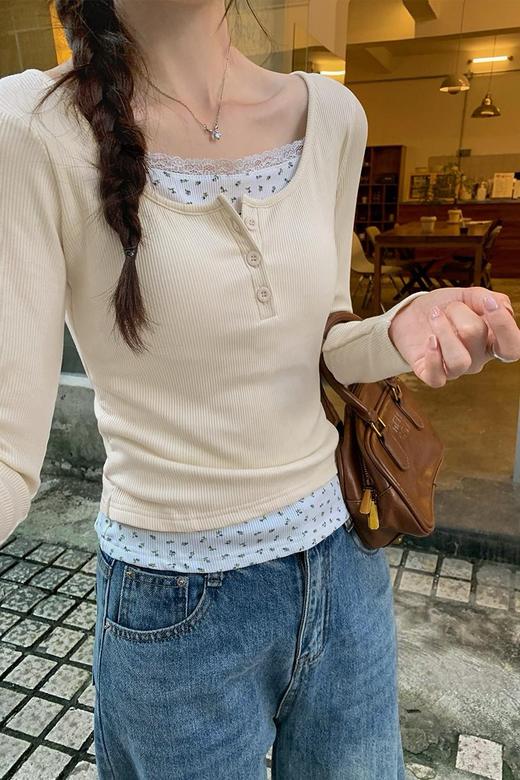 【YW】无忧购碎花假两件内搭加厚保暖正肩带胸垫短款打底衫上衣1203（截单后7天发货） 商品图1