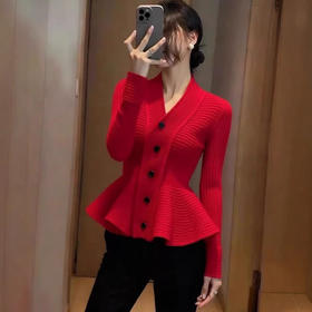 绝美巨好看上衣，独特漂亮气质红色荷叶边针织衫秋冬