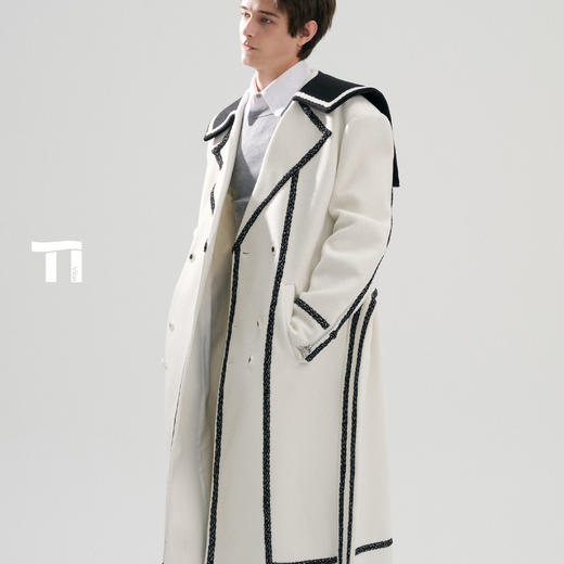 启世录TIWILLTANG“舷舢秩海”海军领拉链大衣冬长款收腰毛呢外套 商品图2