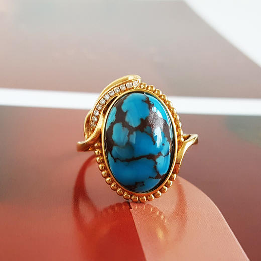 【天然正品】AU750黄金镶钻镶天然原矿高瓷高蓝铁线绿松石戒指14号（戒圈可改）女士271025NJM05 商品图3