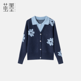 茧墨 雅致撞色印花减龄假两件针织毛衣开衫