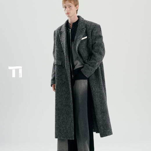 TIWLLTANG启世录"风卷山岚"双排扣金属标中长款毛呢大衣冬季外套 商品图0