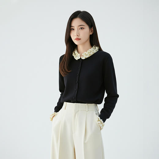 茧墨 雅致减龄木耳边撞色针织开衫 商品图6