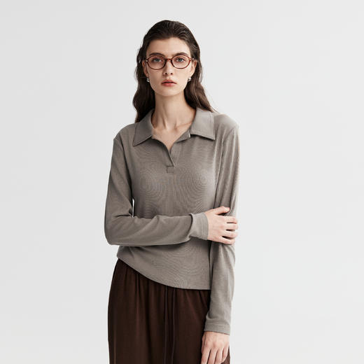 棉仓366601017-polo领半开襟长袖T恤女25秋冬含羊毛弹力修身翻领针织上衣 商品图2