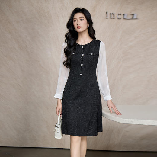 奢姿大码女装2025秋季时尚纽扣装饰撞色连衣裙胖妹妹气质优雅裙子9953853582 商品图4