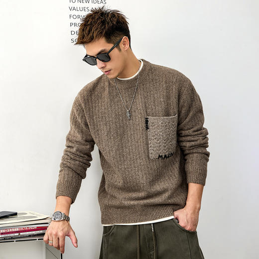 徐太浪【羊毛混纺 拼接口袋】咖色大码毛衣男秋冬内搭打底针织衫 商品图1