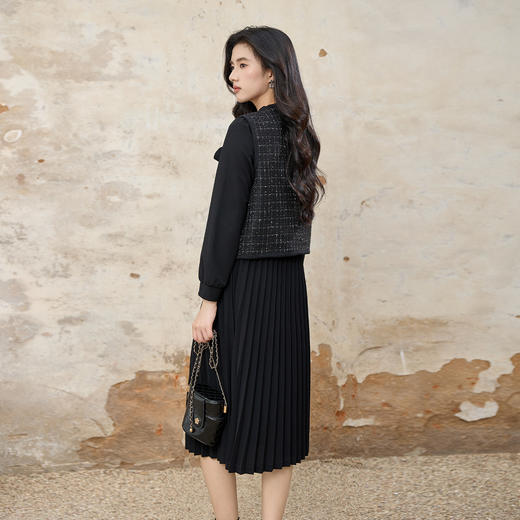 奢姿大码女装2025秋装新款胖妹妹轻奢休闲马甲百褶连衣裙套装9953994202AB 商品图3