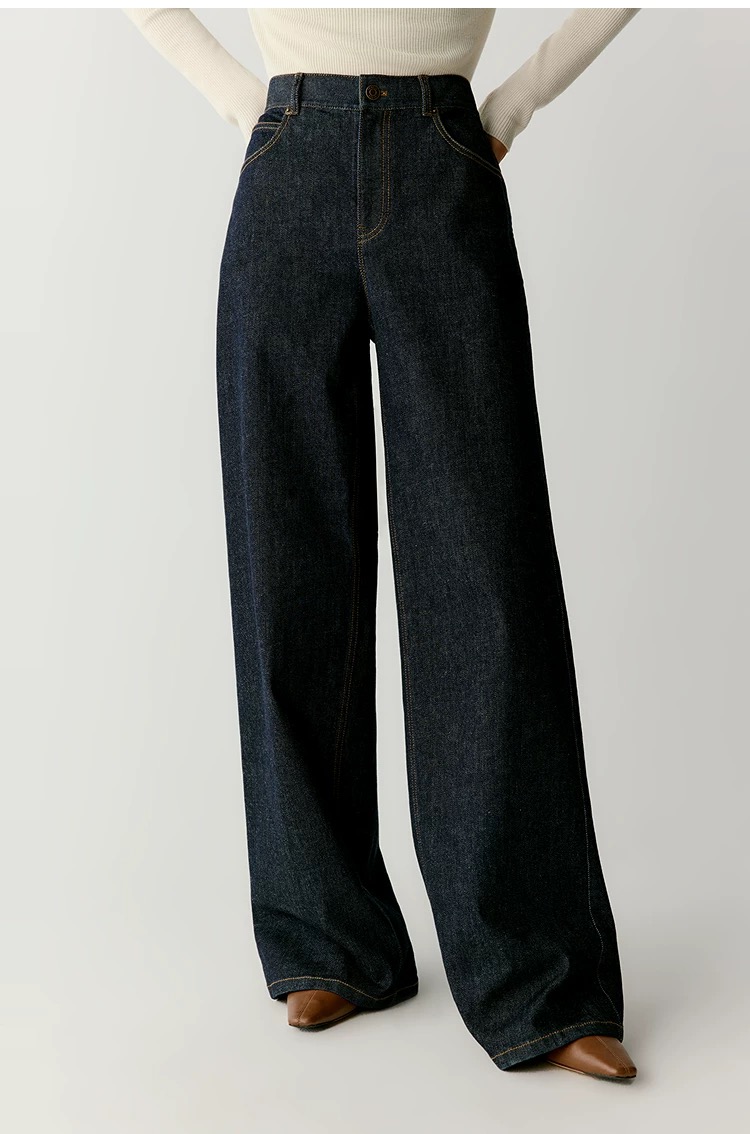 之禾女装秋冬加绒磨毛棉弹牛仔阔腿裤