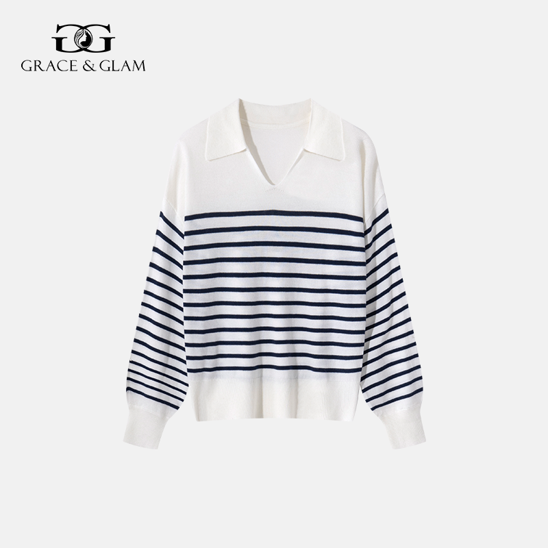 Grace&Glam 经典POLO领减龄条纹羊毛衫