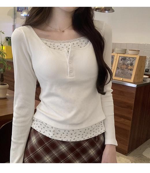 【YW】无忧购碎花假两件内搭加厚保暖正肩带胸垫短款打底衫上衣1203（截单后7天发货） 商品图7