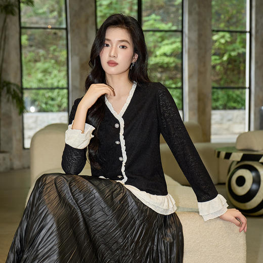 奢姿大码女装2025秋季时尚蕾丝花边拼接上衣胖妹妹气质优雅上衣9953194248 商品图0
