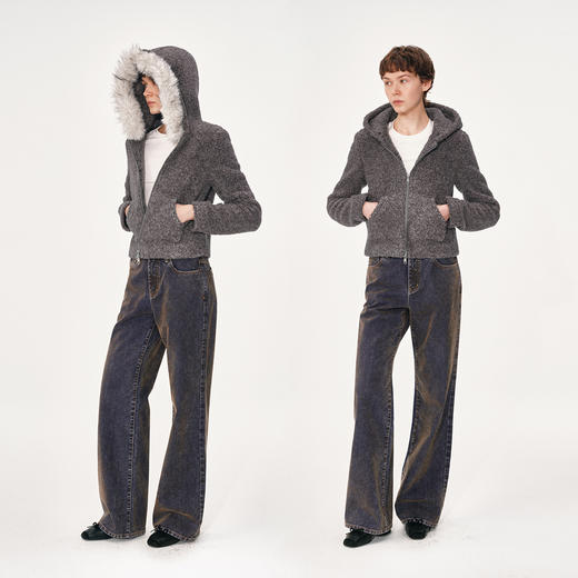 NUTH复古修身短款摇粒绒连帽卫衣厚外套女 棕色/灰色 商品图2