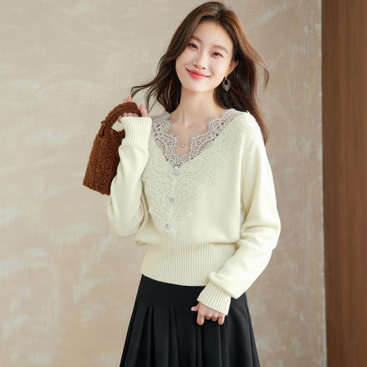 蕾丝拼接v领羊毛针织衫，高级感气质毛衣时尚百搭打底小衫CC-XFY-3202 商品图2