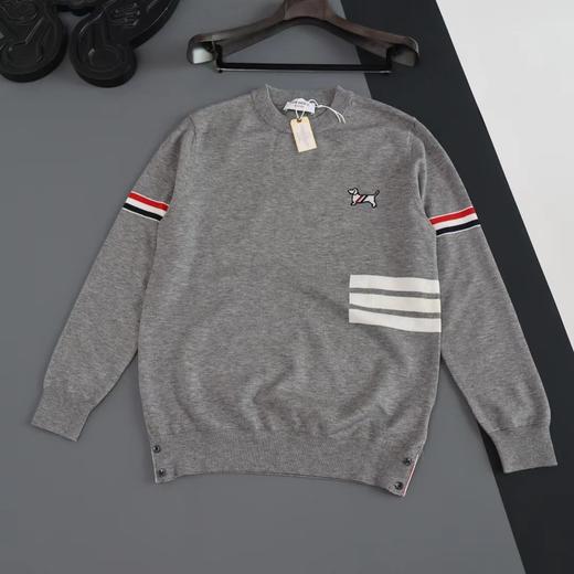 D110631新品胸前小狗刺绣袖臂色织四道杠针织毛衣情侣款 商品图6