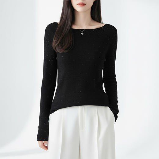 Grace&Glam 一线成衣满钻一字领精纺羊毛衫 商品图4