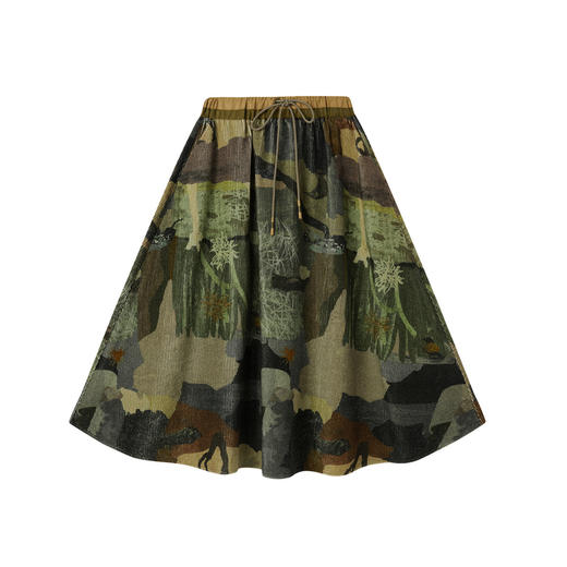 谜底印花半裙2025冬新品复古拼接撞色抽绳腰头中长裙女254MB1675 商品图4