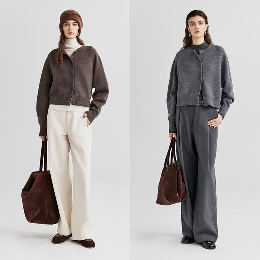 棉仓366605009-圆领短款全羊毛开衫毛衣女25秋冬厚款微宽松开衫外套针织上衣 商品图3