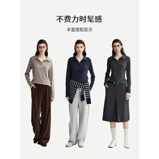 棉仓366601017-polo领半开襟长袖T恤女25秋冬含羊毛弹力修身翻领针织上衣 商品图3