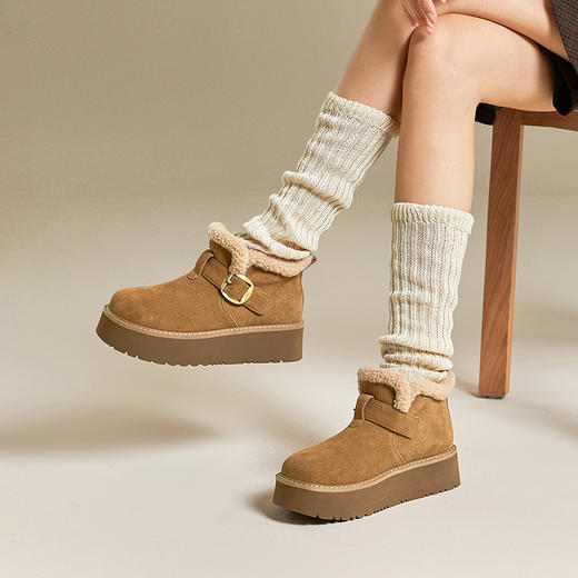 千百度厚底时尚雪地靴女加绒增高暖暖靴棉鞋保暖短靴A25656381 商品图3