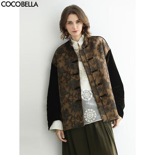 COCOBELLA新中式丹青丝绒棉服女国风保暖提花缎面外套MF3239 商品图0