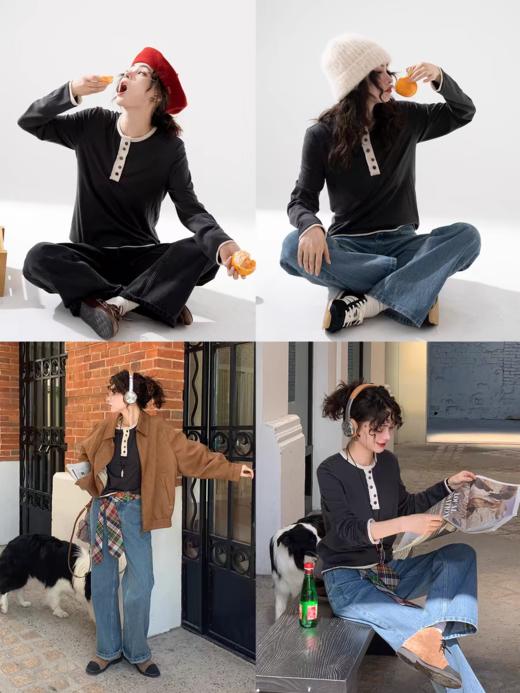 浮生八记/25C192/英式复古松弛羊毛错落纽扣亨利领长袖打底衫 商品图3