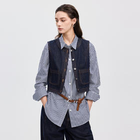 棉仓366604031-蓝色条纹长袖衬衫女25秋冬色织纯棉叠穿衬衣宽松及简通勤