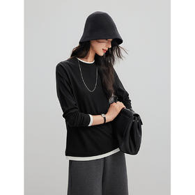 棉仓356601002-假两件加绒保暖长袖T恤女冬季叠穿设计感灰色内搭正肩打底衫