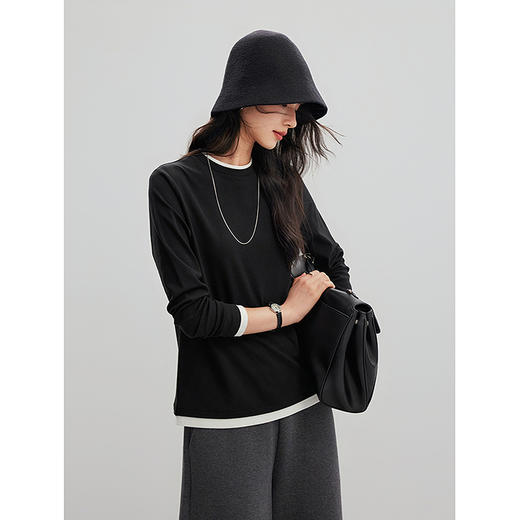 棉仓356601002-假两件加绒保暖长袖T恤女冬季叠穿设计感灰色内搭正肩打底衫 商品图0