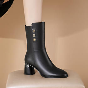 【预售5天】牛皮圆头中筒靴新款舒适真皮加绒高跟半筒靴百搭显瘦粗跟骑士靴DPJ&6028