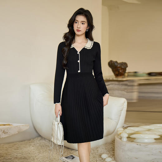 奢姿大码女装2026秋季胖妹妹时尚减龄花边设计娃娃领针织连衣裙9853891000 商品图0