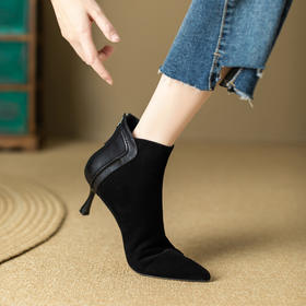 【预售5天】尖头短靴女细跟秋冬新款气质高跟短筒女靴磨砂皮拼接裸靴XKDY&X1737