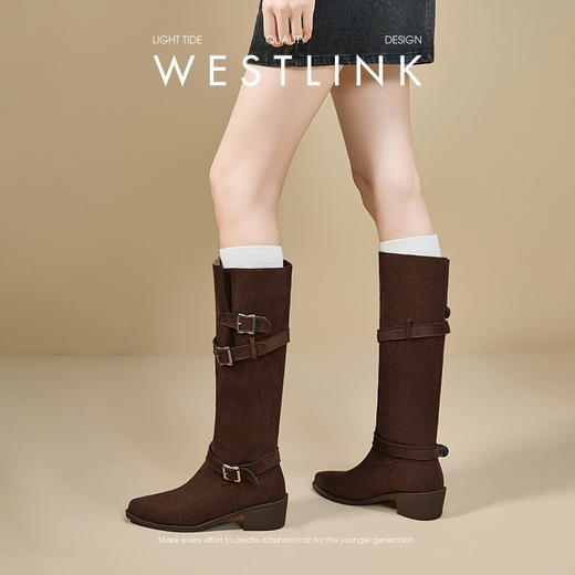 西遇西部牛仔堆堆靴女新款秋冬美拉德绒面尖头不过膝长筒靴V2357300 商品图3