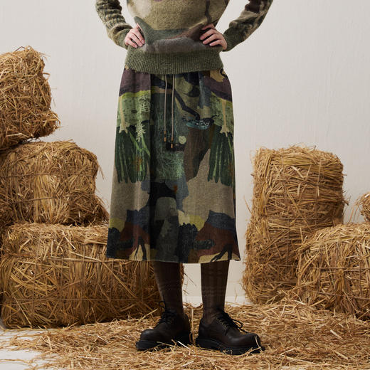 谜底印花半裙2025冬新品复古拼接撞色抽绳腰头中长裙女254MB1675 商品图0