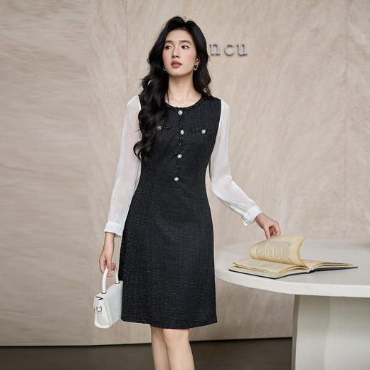 奢姿大码女装2025秋季时尚纽扣装饰撞色连衣裙胖妹妹气质优雅裙子9953853582 商品图2