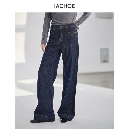 棉仓3661519010-复古蓝加绒微喇阔腿牛仔裤 商品图2