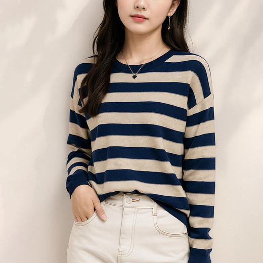 茧墨 慵懒风减龄条纹长袖针织衫 商品图6