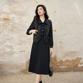 奢姿大码女装2025秋装新款胖妹妹轻奢休闲马甲百褶连衣裙套装9953994202AB