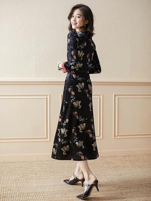 「断码清仓」轻奢金丝绒蕾丝拼接碎花连衣裙L码 ZFYY079 商品图3