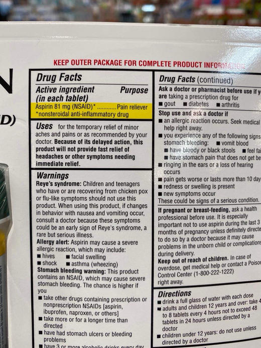 🔥特价！168元/组！【Kirkland Aspirin 低剂量ASPIRIN】 81mg 365粒*2，脑.血.管，清除血管淤积。肠溶性外衣更护胃 商品图3