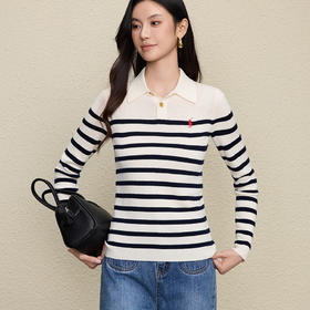 「自」全新升级【铂金会员284/天猫379/差价95】(00625)洛诗琳小马刺绣撞色条纹针织衫2025秋冬气质显瘦翻领羊毛衫