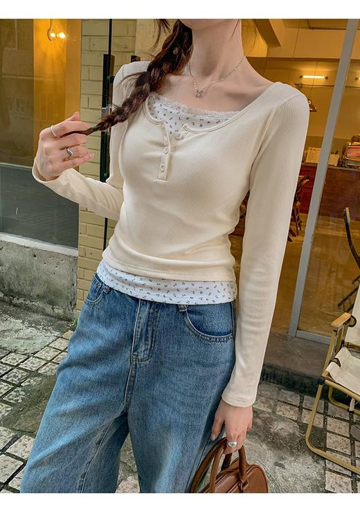 【YW】无忧购碎花假两件内搭加厚保暖正肩带胸垫短款打底衫上衣1203（截单后7天发货） 商品图5