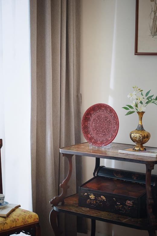 独角鹿西洋古董19世纪中国出品木胎剔红缠枝花叶及福寿云纹大盘 商品图1