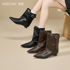 西遇尖头裤管靴女新款秋冬法式复古皮带扣单靴猫跟黑色短靴子V2057170